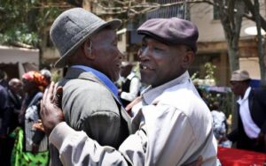 Kenyan Mau-Mau veterans celebrate on October 5, 2012 in Nairobi, after the High Court in London ruled that three Kenyans tortured during the colonial-era rebellion can sue the UK for compensation.