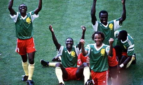 Cameroon players celebrate their goal in the win against Argentina at the 1990 World Cup. Photograph: Bob Thomas/Bob Thomas/Getty Images