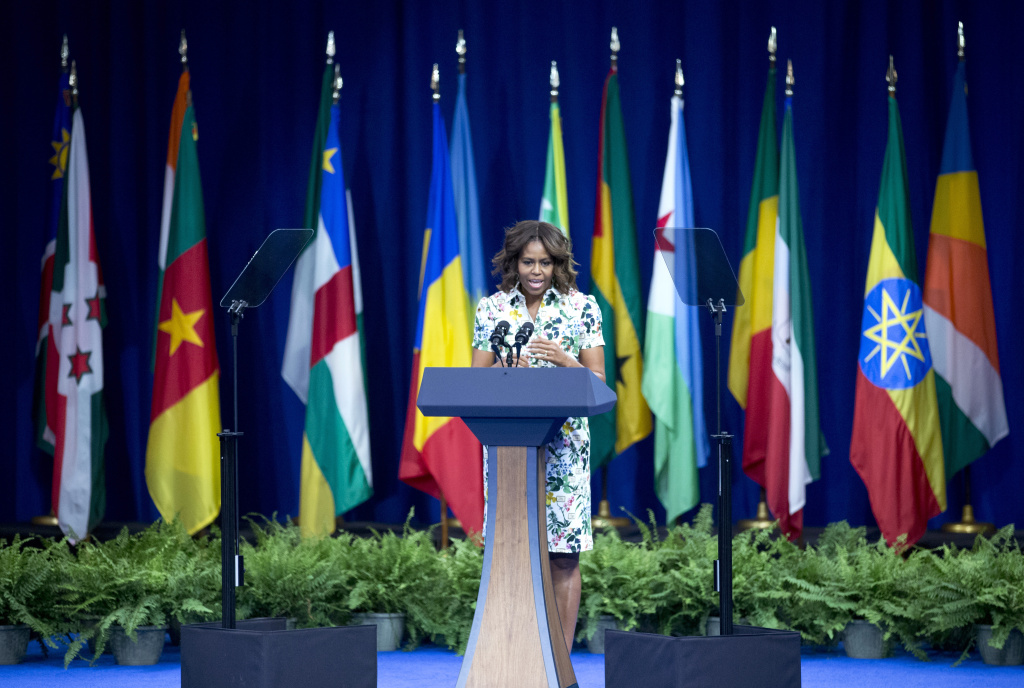 First lady Michelle Obama speaks to participants of the Presidential Summit for the Washington Fellowship for Young African Leaders in Washington, Wednesday, July 30, 2014. (AP Photo/Manuel Balce Ceneta)