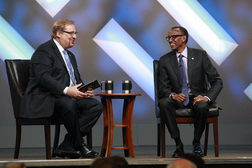 President of Rwanda, His Excellency Paul Kagame,(R) joined Pastor Rick Warren Saturday evening for Kwibuka 20, a special service at Saddleback Church to honor the victims of the Rwandan genocide 20 years later and celebrate the partnership and efforts of The PEACE Plan in Rwanda over the past 10 years, April 26, 2014.