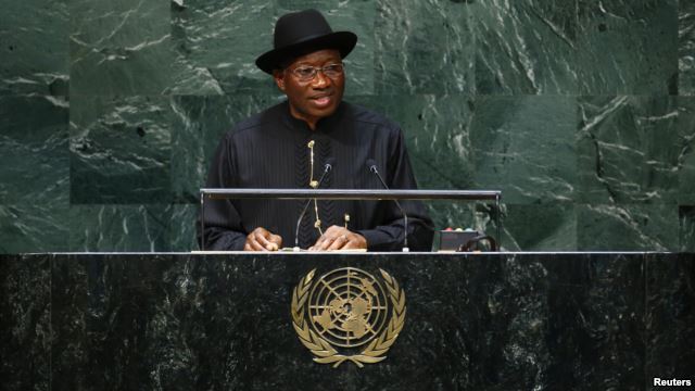 Nigerian president Goodluck Ebele Jonathan addresses the 69th United Nations General Assembly at the U.N. headquarters in New York, Sept. 24, 2014