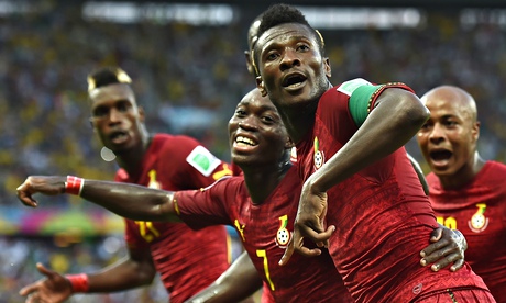 Asamoah Gyan celebrates scoring for Ghana against Germany at the World Cup in Brazil. Photograph: Laurence Griffiths/Getty Images