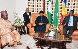 L–R: A former Borno State Governor, Ali Modu-Sheriff, President Goodluck Jonathan, and Chadian President, Idriss Deby, at a meeting in Chad. this was a few days after Sheriff was cited by the Australian negotiator Stephen Davis as a key sponsor of Boko Haram
