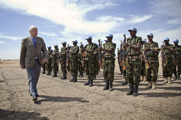 Chadian troops of the UN Multidimensional Integrated Stabilization Mission in Mali (MINUSMA) are reviewed by Hervé Ladsous, Under-Secretary-General for Peacekeeping Operations.