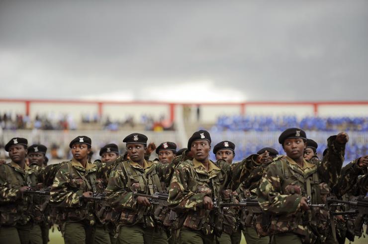 Kenyan armed forces march during celebrations in Nairobi on Oct. 20, 2011. TONY KARUMBA/AFP/Getty Images
