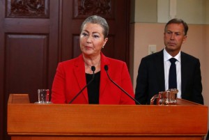 Kaci Kullmann Five, the new head of the Norwegian Nobel Peace Prize Committee, announces the winner of 2015 Nobel peace prize during a press conference in Oslo, Norway, Friday Oct. 9, 2015. The Norwegian Nobel Committee announced Friday that the 2015 Nobel Peace Prize was awarded to the Tunisian National Dialogue Quartet. (Heiko Junge/NTB scanpix via AP) NORWAY OUT