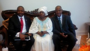 Dr. Nkem Khumbah (left), who Chairs the Constituency for Africa's Science and Technology in Africa committee and Melvin Foote, President of CFA (right), with Dr. Nkosazana D. Zuma, the Chairperson of the African Union Commission, at the formal opening of the African Union's Mission to Washington