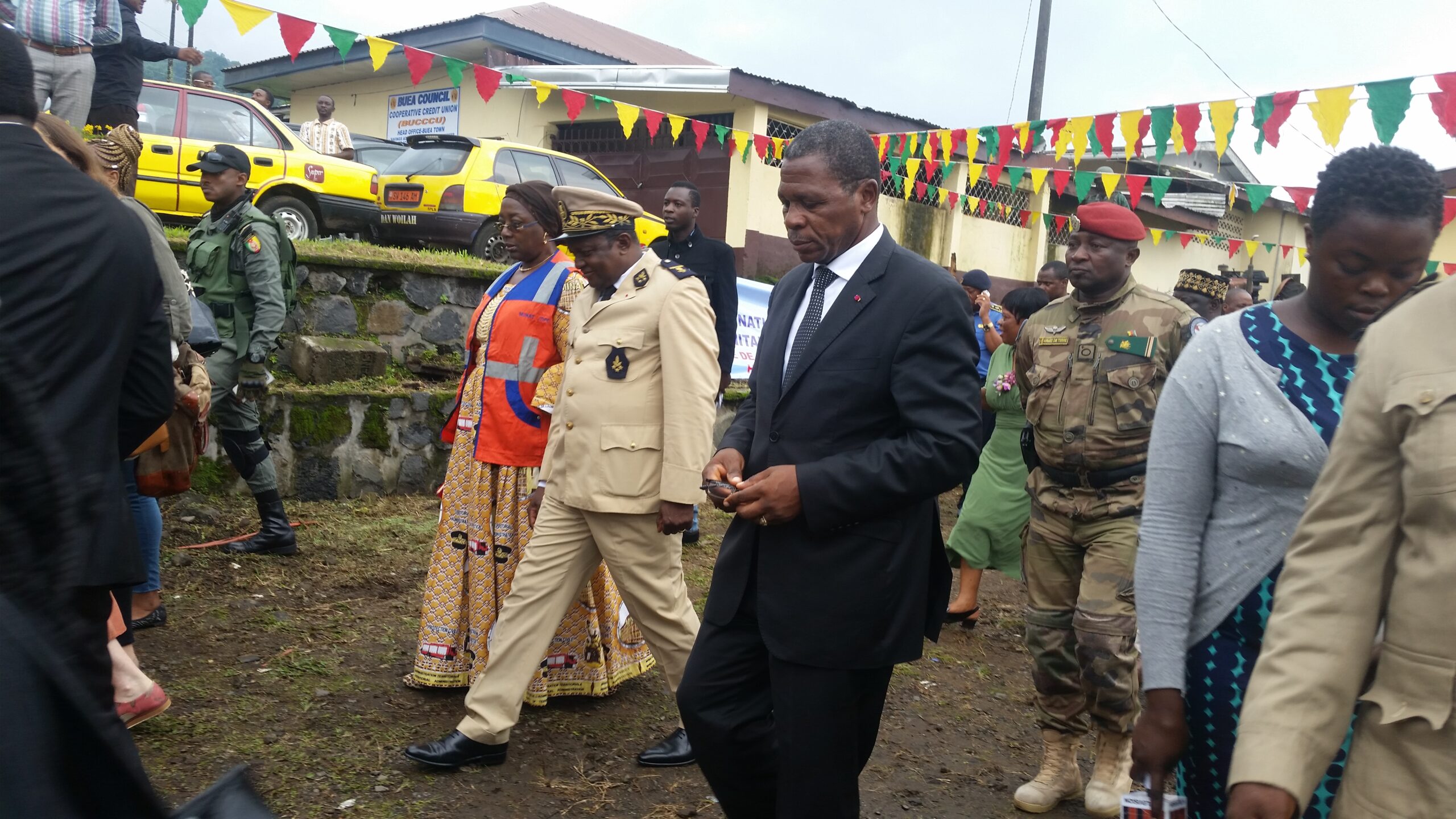 Minister Paul Atanga Nji during his visit to the Coordination center for humanitarian assistance in Buea