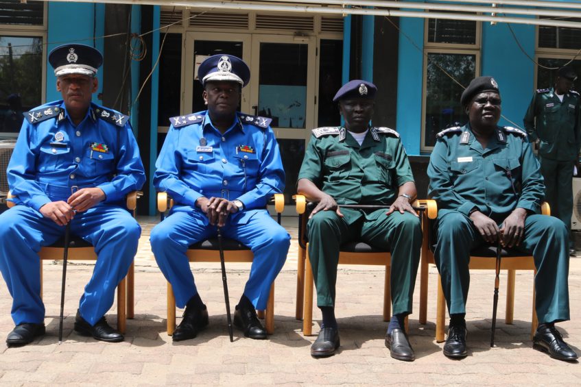 [Left - Right] Sudan's Deputy Ambassador to Juba, Isam Idris Ibrahim, Sudan's Director-General of the Police Force, Gen. Adil Mohammed Ahmed Bashir, Inspector General of South Sudan Police, Gen. Majak Akech in Juba on Friday August 2, 2019. PHOTO: South Sudan National Police Service/facebook.com/police2456/