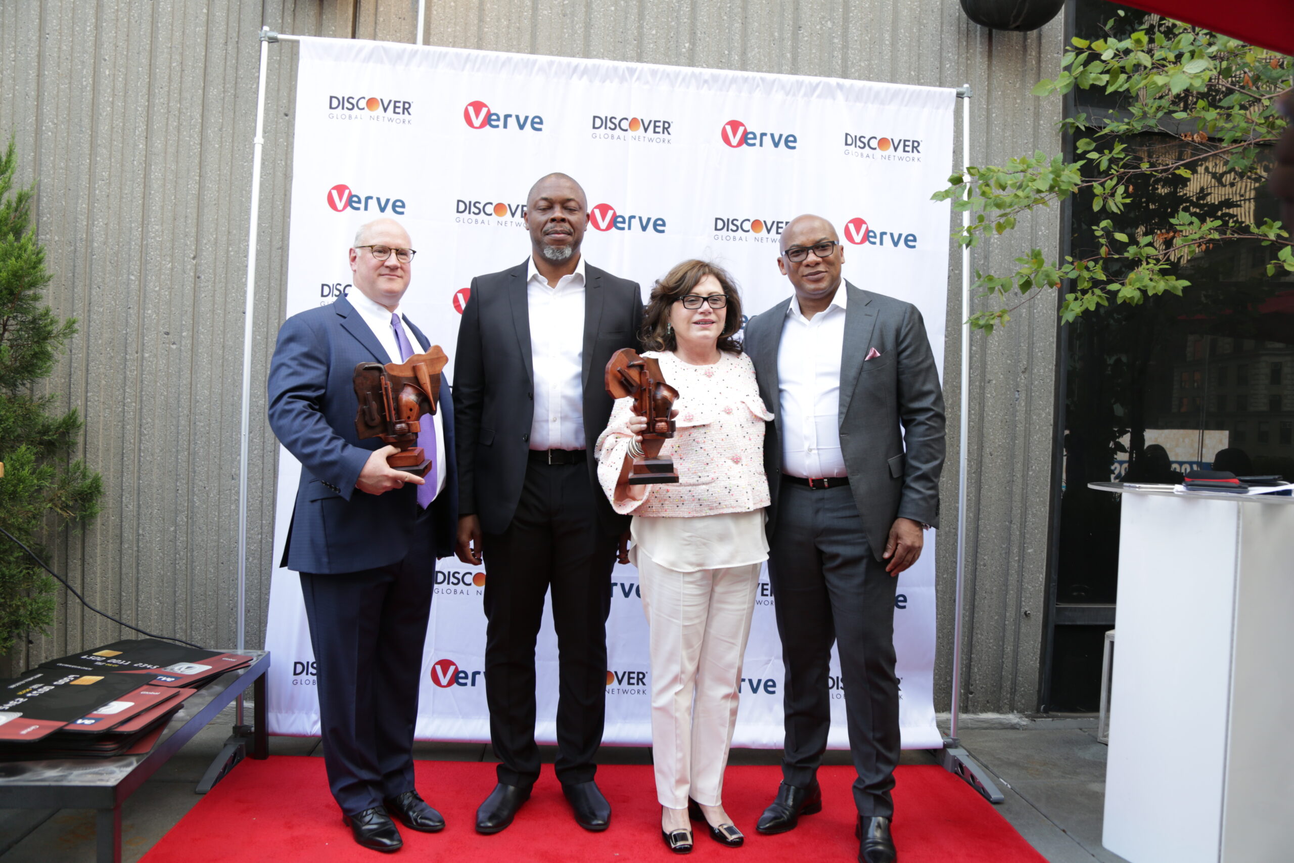 L-R: Joseph Hurley, Snr. Vice President, Payment Services, Discover Financial Services, Mike Ogbalu 111, Divisional CEO, Verve, Diane Offereins, Executive Vice President, Payment Services, Discover, and Mitchell Elegbe, Founder/GMD Interswitch Group, at the Verve Global Card Launch in New York, on Monday.