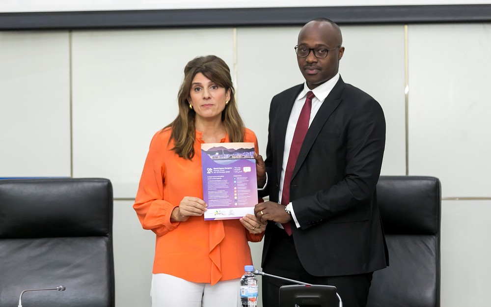 Her Royal Highness Princess of Jordan and UICC President Dina Mired hands a cancer control document to Kigali City Mayor Pudence Rubingisa, yesterday. Photo courtesy.