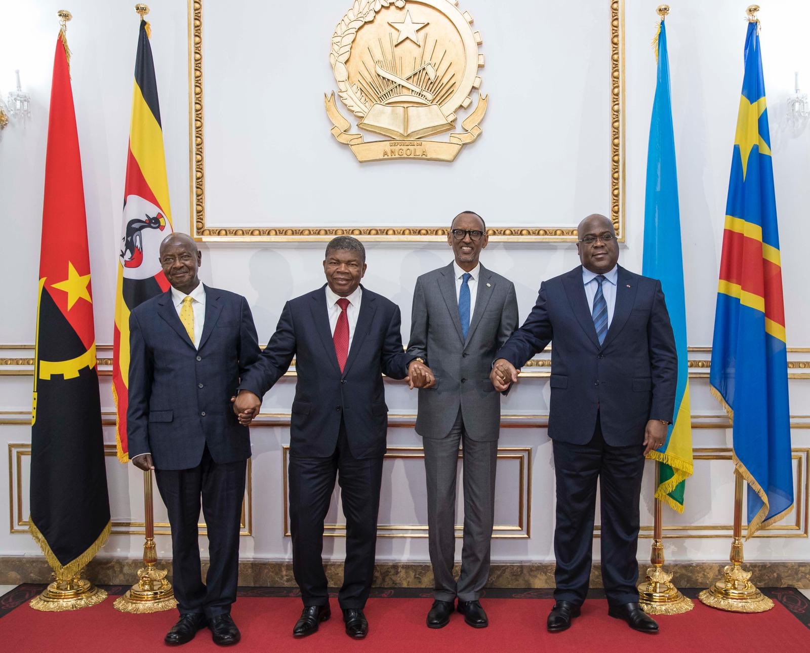 From left, President Museveni of Uganda, president João Lourenço of Angola, president Kagame of Rwanda and president Félix Tshisekedi of Democratic Republic of Congo.