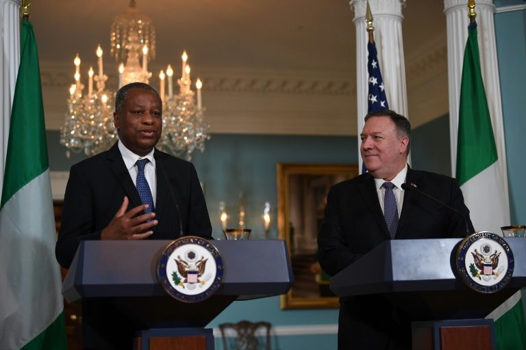 US Secretary of State Mike Pompeo and Nigerian Foreign Minister Geoffrey Onyeama deliver statements to the press after talks that included discussion of a visa row (AFP Photo/Eric BARADAT)