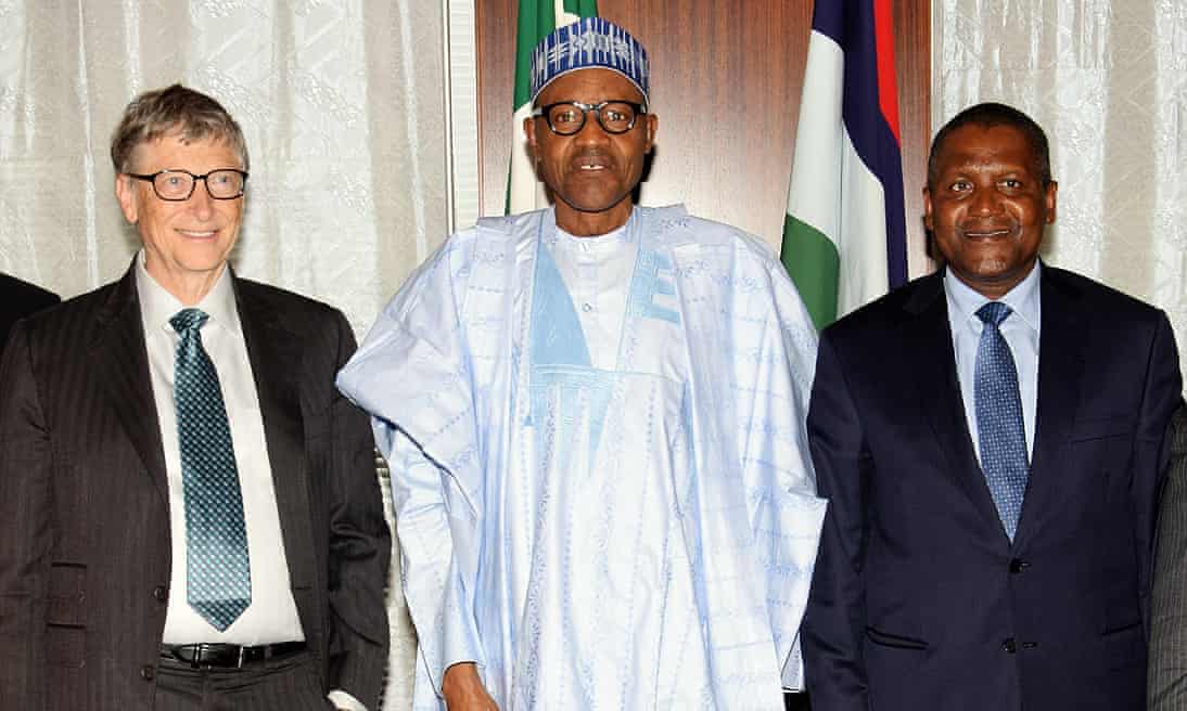 Nigerian President Mohammadu Buhari with Bill Gates, left, and Aliko Dangote.Photo: Philip Ojisua/AFP/Getty Images