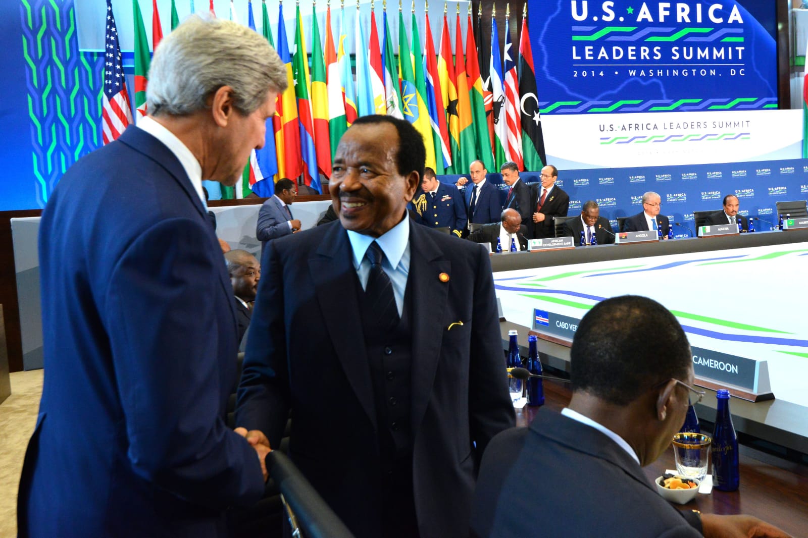 President Biya of Cameroon shakes hands with then Secretary of State John Kerry during the US-African Leaders Forum in 2014