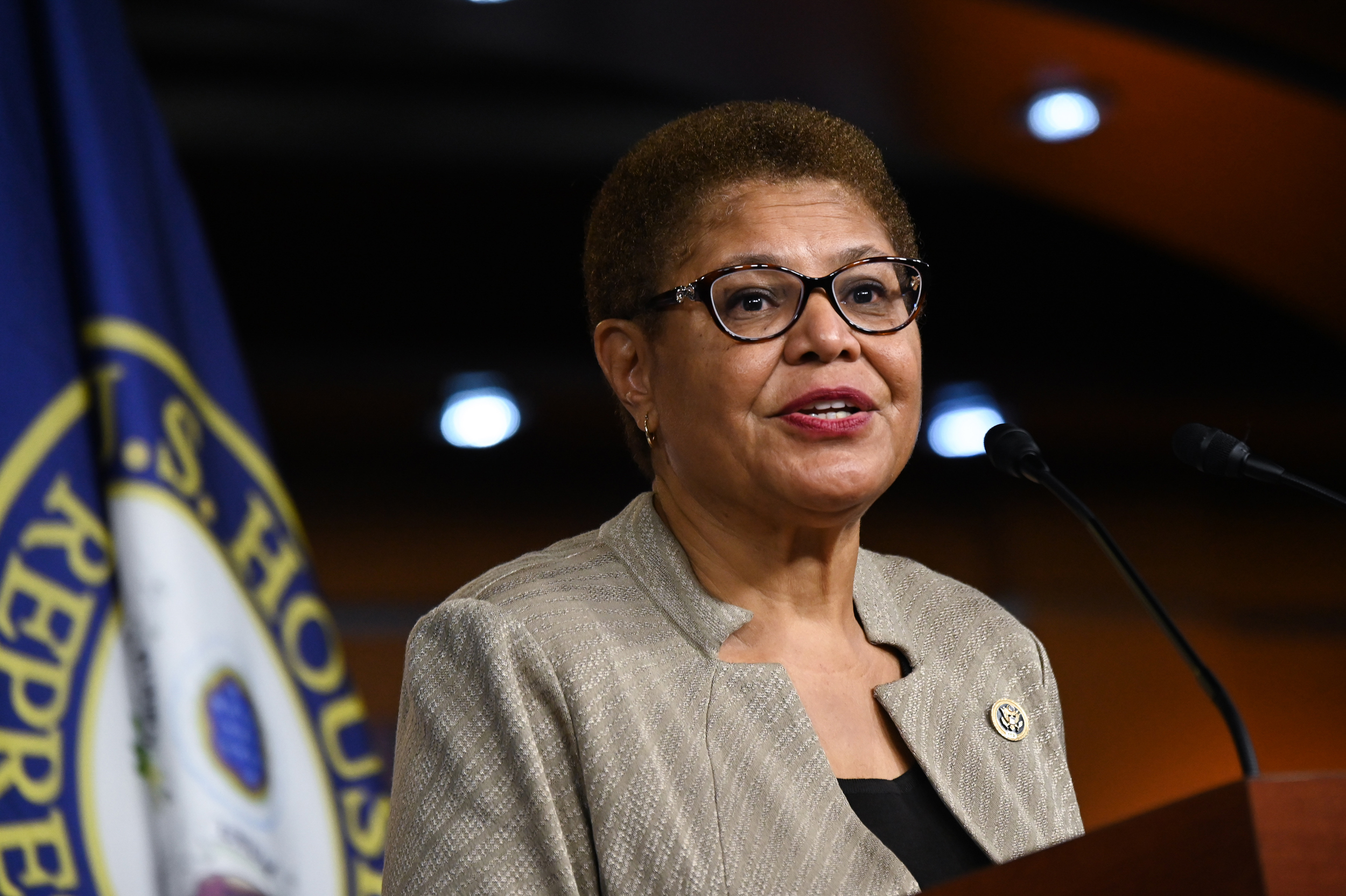 Representative Karen Bass speaks during a news conference on Capitol Hill on July 1, 2020. Photo credit Erin Scott/Bloomberg via Getty Images