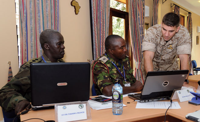 Marine operations officer mentors students from Uganda and Kenya at International Peace Support Training Centre, Nairobi U.S. Air Force (Christine Clark)