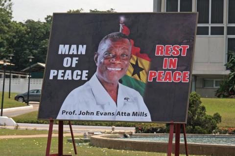 Billboard in Accra, Ghana, marking the death of President John Atta Mills in July 2012: The vacancy was filled without any political problems, as power passed smoothly, according to constitutional norms, to the then vice-president, John Mahama.  Photo: AP/Christian Thompson