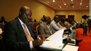 M23 rebels were persuaded to withdraw from Goma in December 2012, but they still control territory outside the city. Pictured, the head of the M23 Congolese rebels, Roger Lumbala, at peace talks in Kampala on February 6 2013.