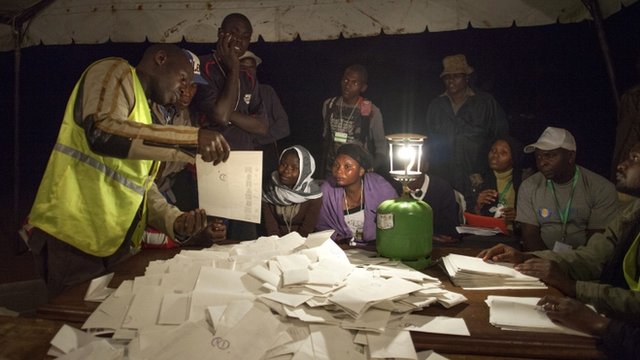 The BBC's Sophie Ikenye reports from Nairobi, where every ballot paper is held aloft to try and ensure the election's transparency