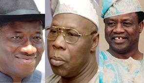Current President Goodluck Jonathan and former leaders Obasanjo and Babaginda.