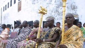 Local chiefs wait for visiting Dutch Crown Prince Willem Alexander and Princess Maxima at Elmina Castle April 15, 2002 in Ghana. From Elmina the Dutch shipped over 50,000 slaves to Surinam and an unknown number to other destinations in North and South America. (Photo by Michel Porro/Getty Images)
