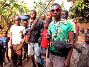 A group of anti-balaka on the road between Bossemptele and Bozoum. Central African Republic, 28 January 2014.
