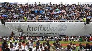 Thousands attended the ceremonies in the Amahoro Stadium, where UN peacekeepers saved many lives