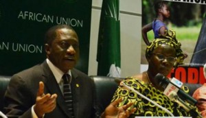 African Union Commissioner of Social Affairs Mustapha Sidiki Kaloko and AU Goodwill Ambassador Nyaradzayi Gumbonzvanda (right) during the Ministers for Social Development Conference in Addis Ababa, Ethiopia May 29, 2014. ANDUALEM SISAY | NATION MEDIA GROUP 