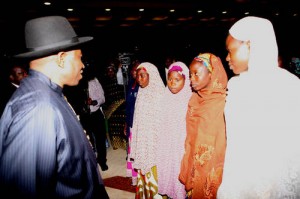 President Goodluck Jonathan meeting with some of the Chiboks girls who escaped from Boko haram in Abuja today State House Photo