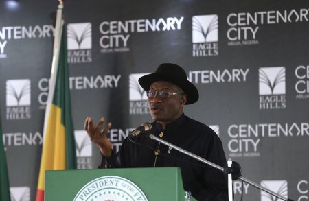 Nigeria's President Goodluck Jonathan speaks during the groundbreaking ceremony of the Centenary City project in Abuja