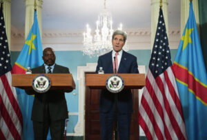 Secretary of State John Kerry and Joseph Kabila, president of the Democratic Republic of Congo, speaking in Washington on Monday. ALEX WONG / GETTY IMAGES