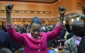 The mayor of Bangui, Catherine Samba-Panza, celebrates after being elected interim president of the Central African Republic