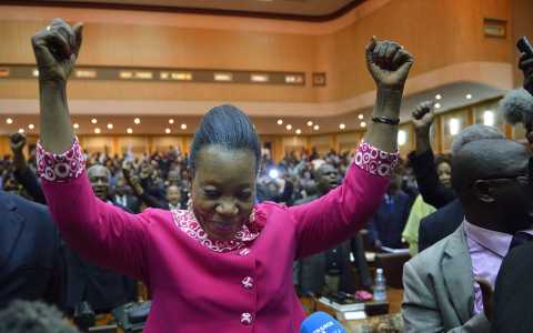 The mayor of Bangui, Catherine Samba-Panza, celebrates after being elected interim president of the Central African Republic