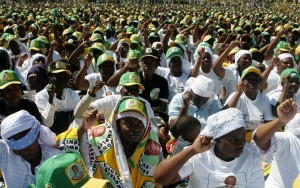 Supporters of Zanu PF cheer during an election campaign rally held at Chibuku Stadium, in Chitungwiza on July 16, 2013 (AFP Photo/Jekesai Njikizana)