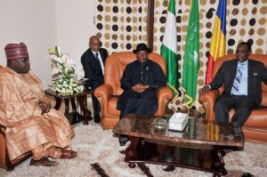From left to right: Alleged Boko Haram sponsor Ali Modu Sheriff, President Goodluck Jonathan and President Idris Derby