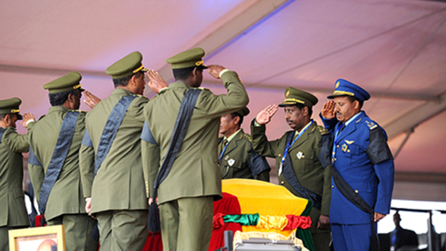 Soldiers salute coffin with the body of Ethiopia's Meles Zenawi who died in 2012.There are some curious coincidences in the passage of African leaders.Photo PK/Flickr