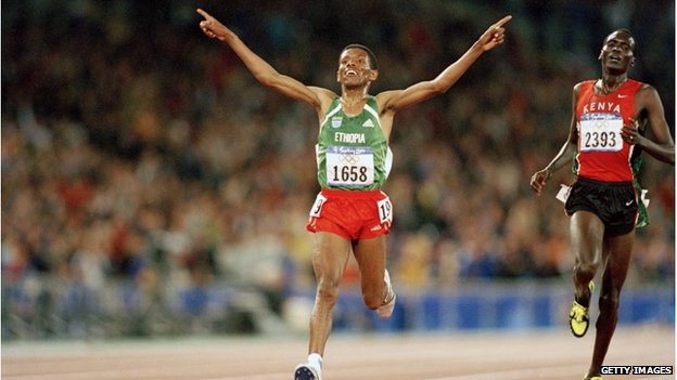 Gebrselassie set 27 world records and won Olympic gold in Sydney (pictured) and Atlanta