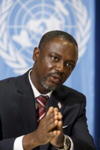 Axel Addy, Minister for Industry and Commerce of Liberia, speaks to the media about the impact of Ebola in his country during a news conference, at the European headquarters of the United Nations in Geneva, Switzerland, Monday, Jan. 26, 2015. (AP Photo/Keystone,Salvatore Di Nolfi)