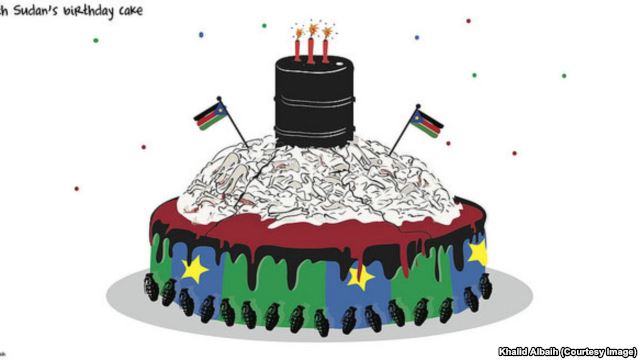 A cartoon birthday cake by Sudanese cartoonist Khalid Albaih to mark the third anniversary of South Sudan's independence on July 9, 2014.
