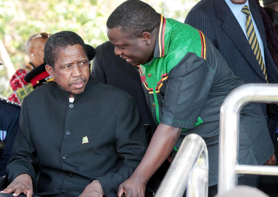 Edgar Lungu, pictured (left) in Lusaka in October, is a front-runner in Zambia's presidential election (AFP Photo/Chibala Zulu)