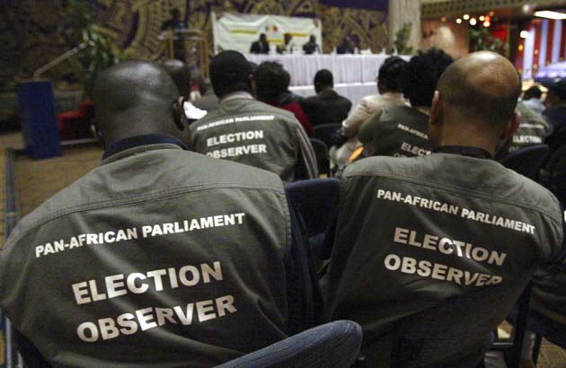 Members of the SADC, Pan African election observers and journalists listen as ZEC chairman Chiweshe speaks in Harare