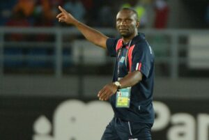 DR Congo coach Florent Ibenge celebrates at the end of the Africa Cup of Nations match against Congo in Bata on January 31, 2015 (AFP Photo/) 