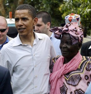 Barack Obama greets his grandmother Sarah Obama at her rural home in Siaya near Kisumu in Kenya, on August 26, 2006 (AFP Photo/Simon Maina) 