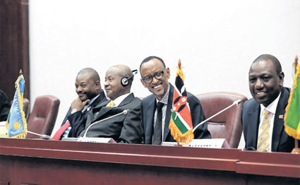 Deputy President William Ruto (right) with African presidents at an AU summit in Malabo, Equatorial Guinea, where a protocal on establishment of an African court was made. Despite President Kenyatta’s condemnation of the ICC, lobbying by Kenya for the alternative African court has been low key. FILE PHOTO | NATION MEDIA GROUP