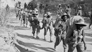 Troops of the East Africa division marching in Burma