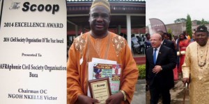 The Director of AFRICAphonie, Mwalimu George Ngwane, receiving the “2014 The Scoop Civil Society Organisation of the Year” award by The Scoop Media Group. May 3rd 2015 (World Press Freedom Day) in Kumba.  Under the distinguished patronage of the Turkish ambassador to Cameroon and attended by Senator Nfon V. Mukete and the Government Delegate to the Kumba City Council. Photo Hansel Media