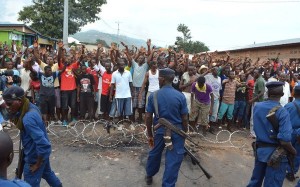 Ndabashinze Renovat/Anadolu Agency/Getty Images Security forces facing off with protesters in Bujumbura, Burundi, May 20, 2015