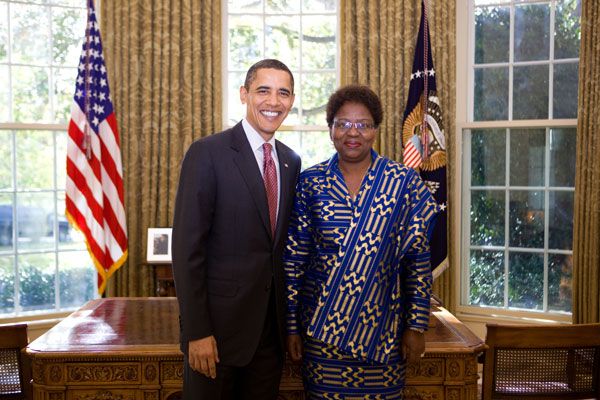 President Barack Obama welcomes Ambassador Amelia Narciso Matos Sumbana of the Republic of Mozambique to the White House on November 4, 2009, during the credentials ceremony for newly appointed ambassadors to Washington, D.C. [White House photo]