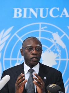 General Babacar Gaye, the United Nations secretary general's representative to the Central African Republic, speaks at the United Nations Integrated Peace-Building Office in the Central African Republic headquarters in Bangui, February 6, 2014 (AFP Photo/Issouf Sanogo)